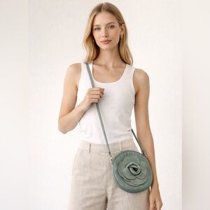 Italian Leather Rosette Crossbody Bag | 3D Floral | Made in Italy | Green